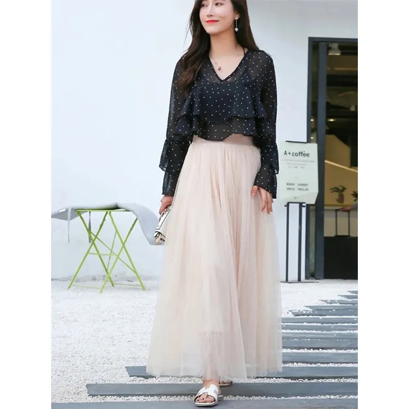 Vintage Tulle Pleated Skirt Women High Waist
