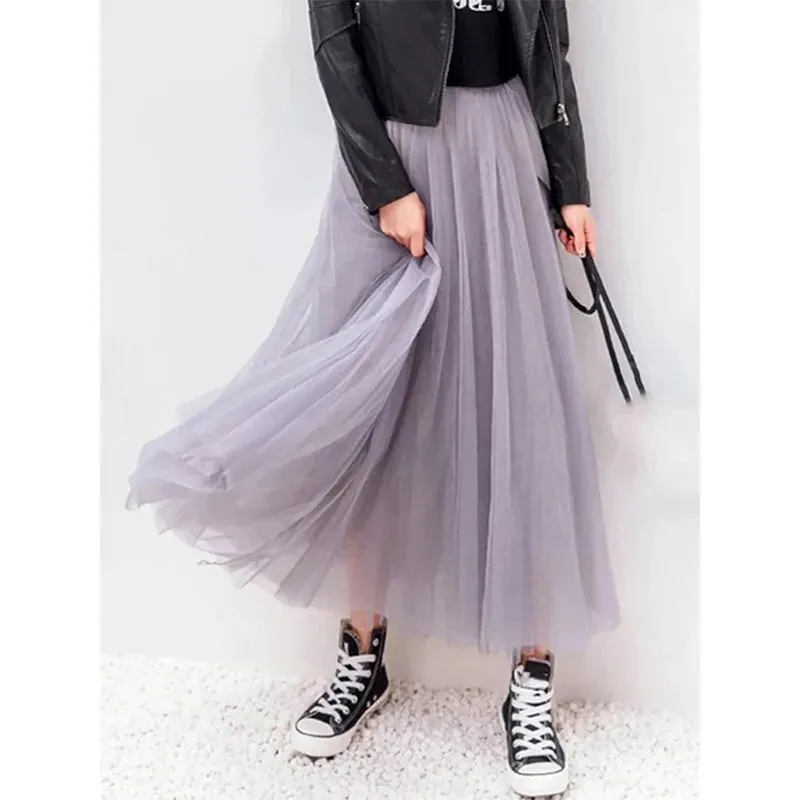Vintage Tulle Pleated Skirt Women High Waist