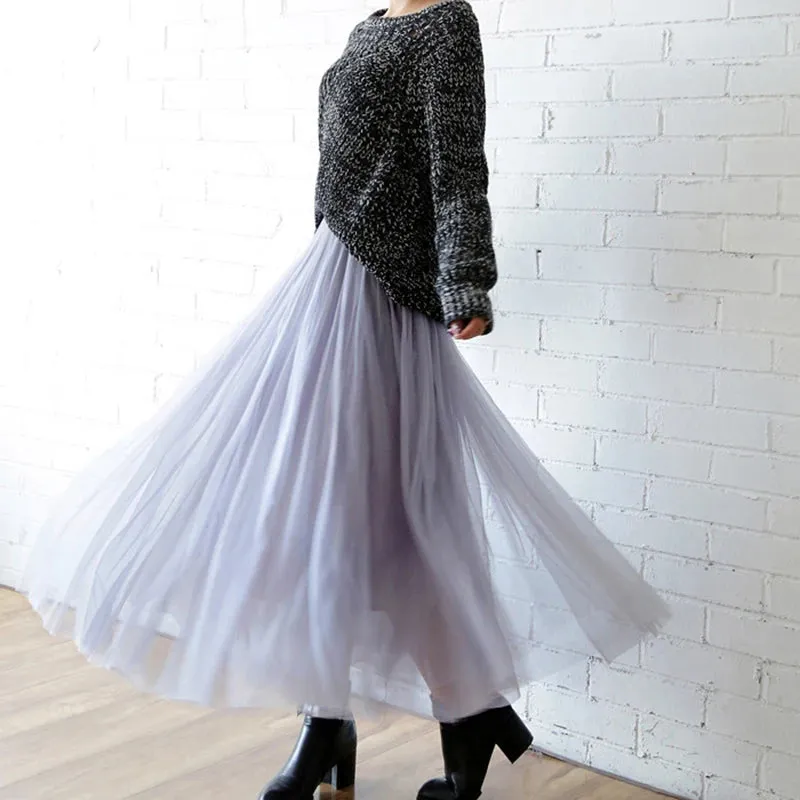 Vintage Tulle Pleated Skirt Women High Waist