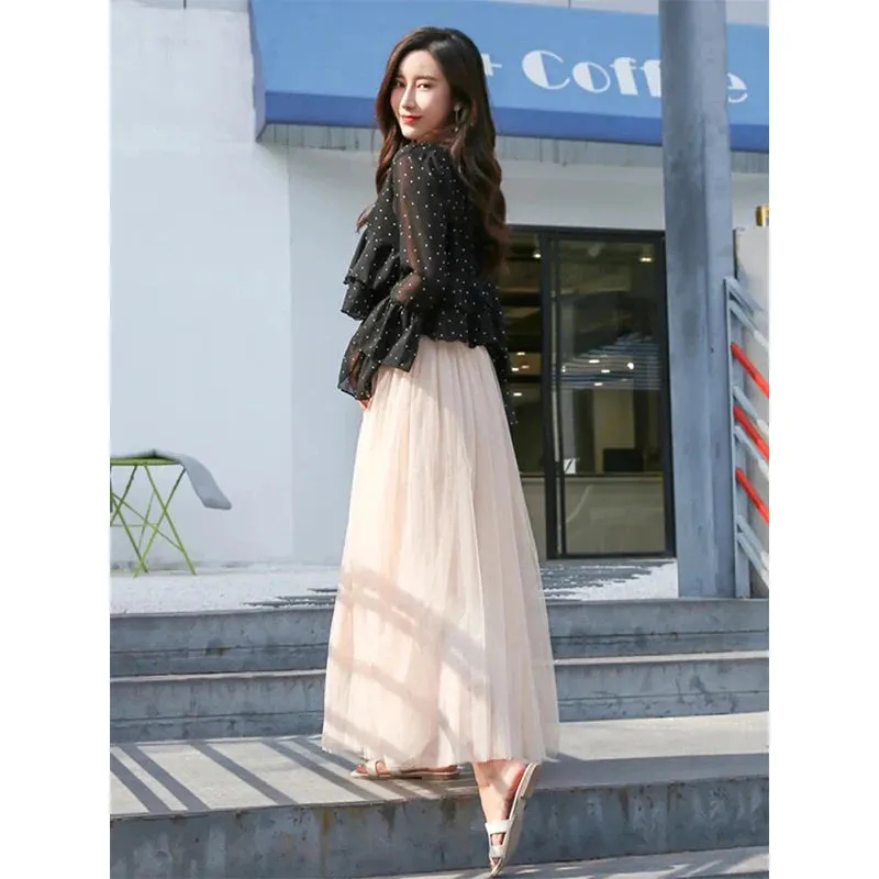 Vintage Tulle Pleated Skirt Women High Waist