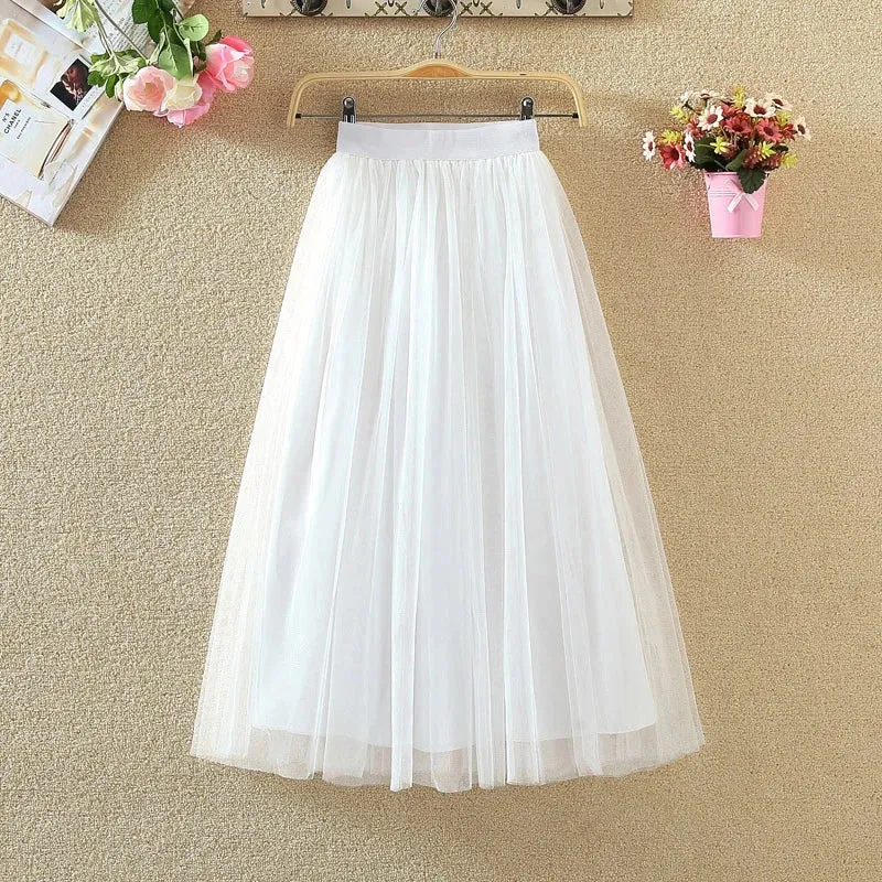 Vintage Tulle Pleated Skirt Women High Waist