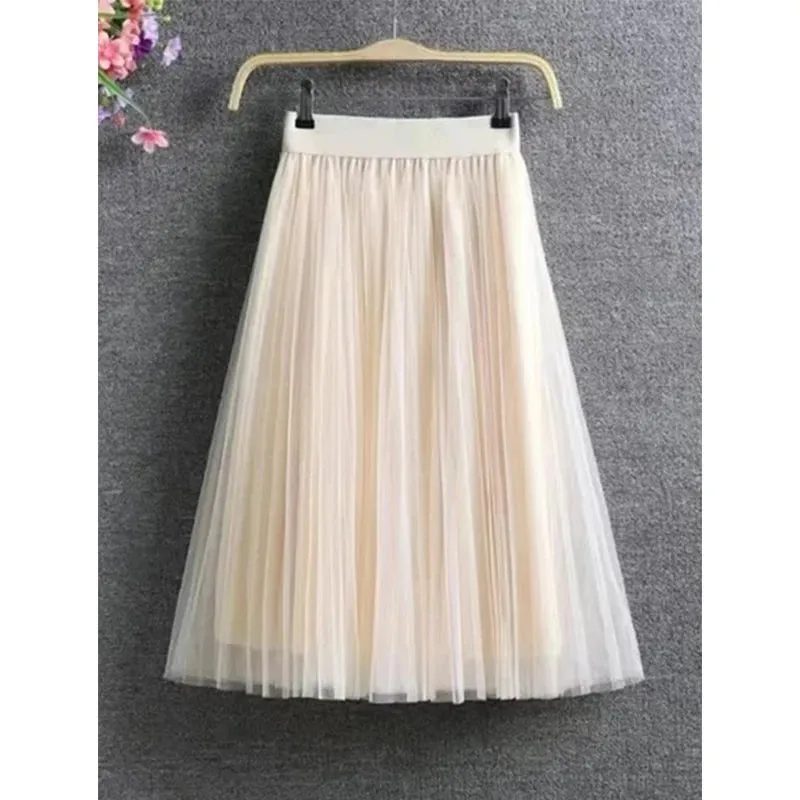 Vintage Tulle Pleated Skirt Women High Waist