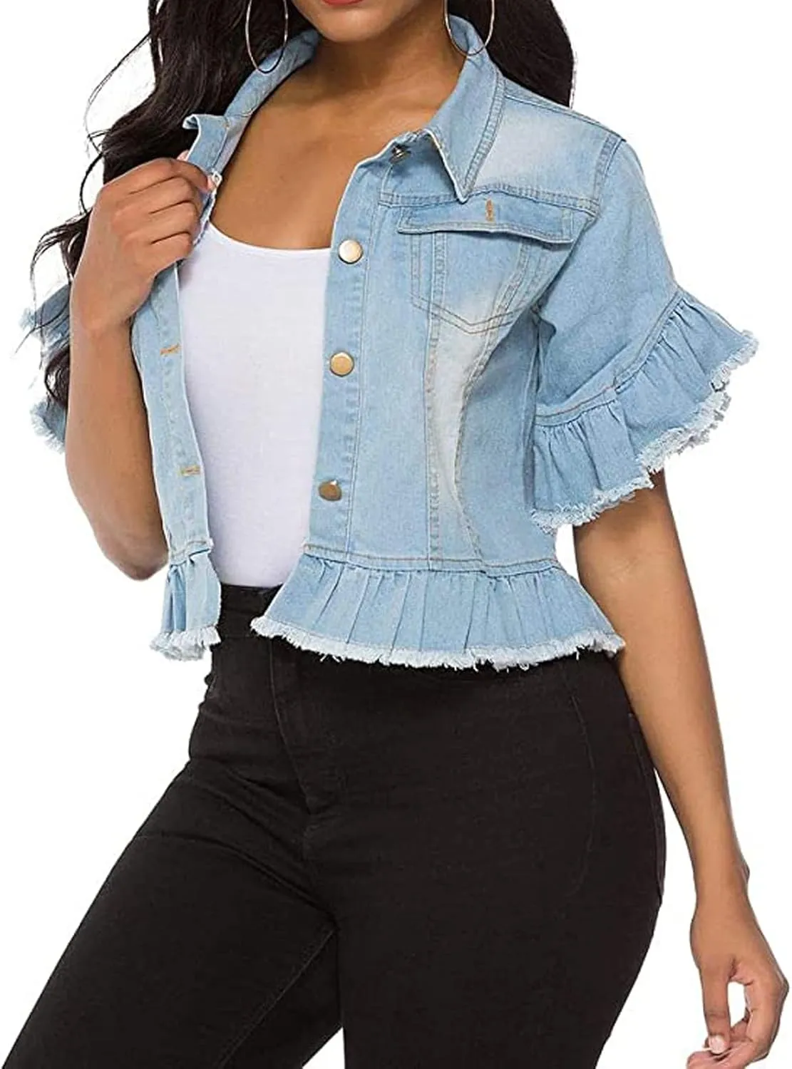 vunahzma Women's Denim Jacket Button Down Distressed Ruffle Sleeve Crop Jean Jackets Coat