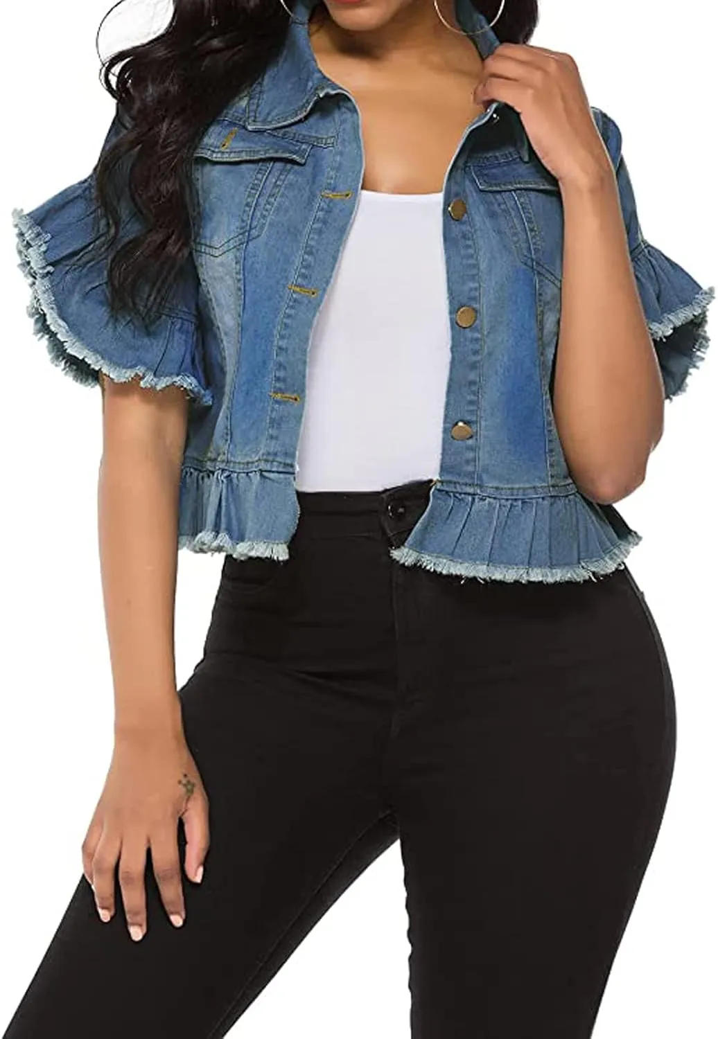 vunahzma Women's Denim Jacket Button Down Distressed Ruffle Sleeve Crop Jean Jackets Coat
