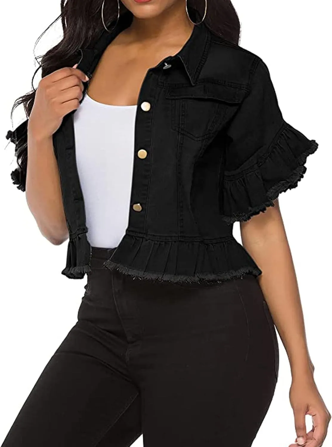 vunahzma Women's Denim Jacket Button Down Distressed Ruffle Sleeve Crop Jean Jackets Coat
