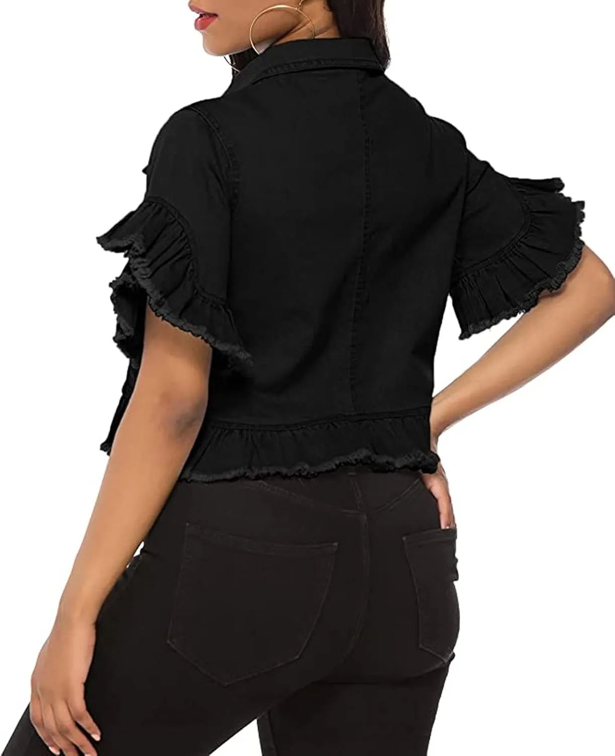 vunahzma Women's Denim Jacket Button Down Distressed Ruffle Sleeve Crop Jean Jackets Coat