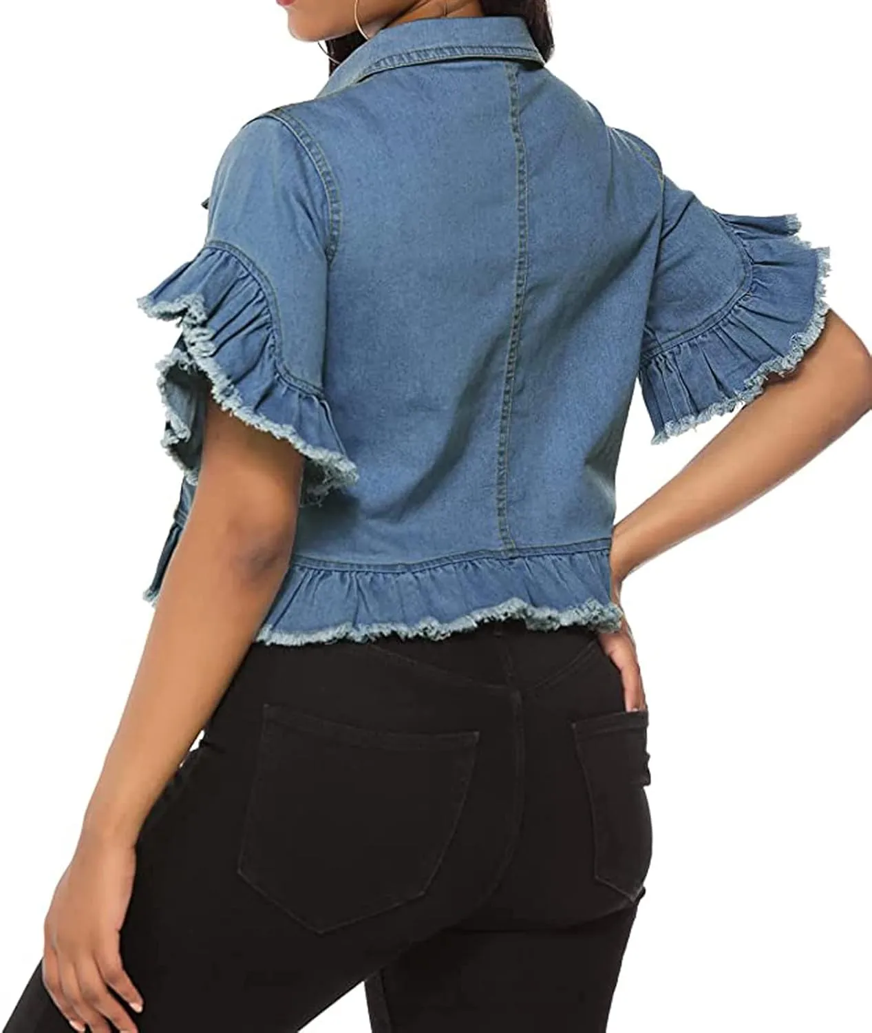 vunahzma Women's Denim Jacket Button Down Distressed Ruffle Sleeve Crop Jean Jackets Coat