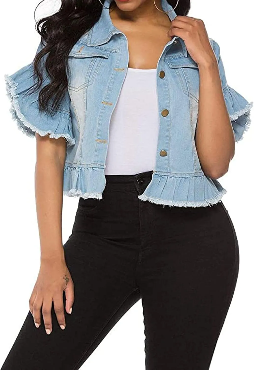 vunahzma Women's Denim Jacket Button Down Distressed Ruffle Sleeve Crop Jean Jackets Coat