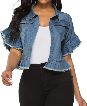 vunahzma Women's Denim Jacket Button Down Distressed Ruffle Sleeve Crop Jean Jackets Coat