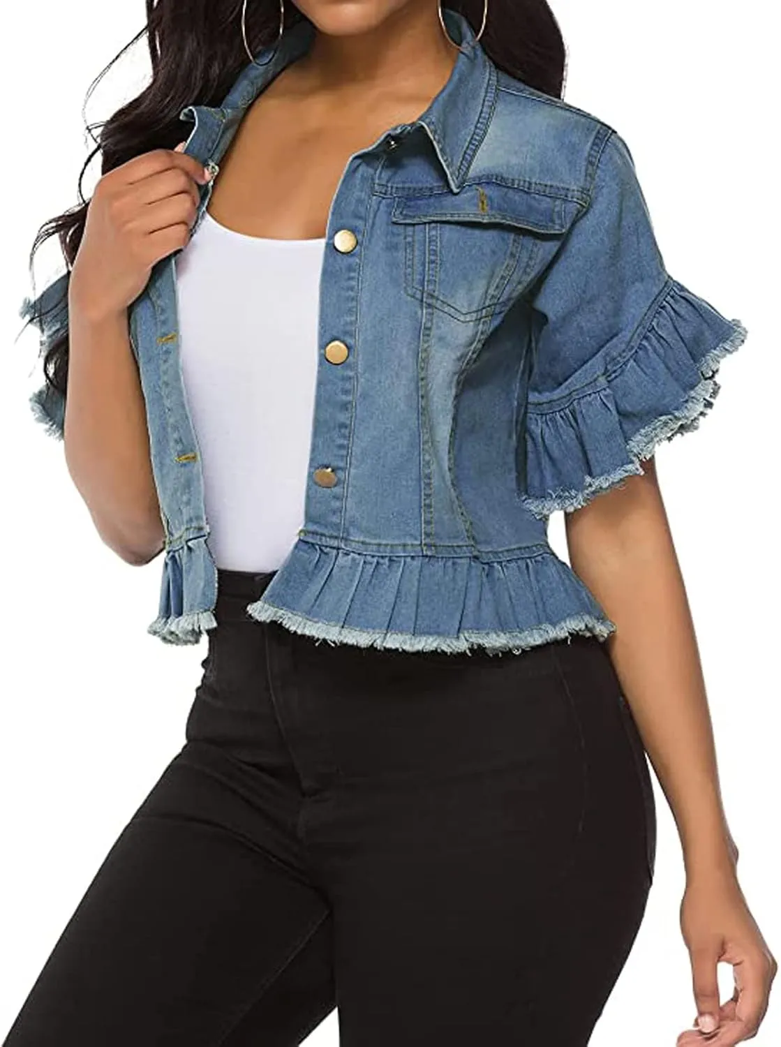vunahzma Women's Denim Jacket Button Down Distressed Ruffle Sleeve Crop Jean Jackets Coat