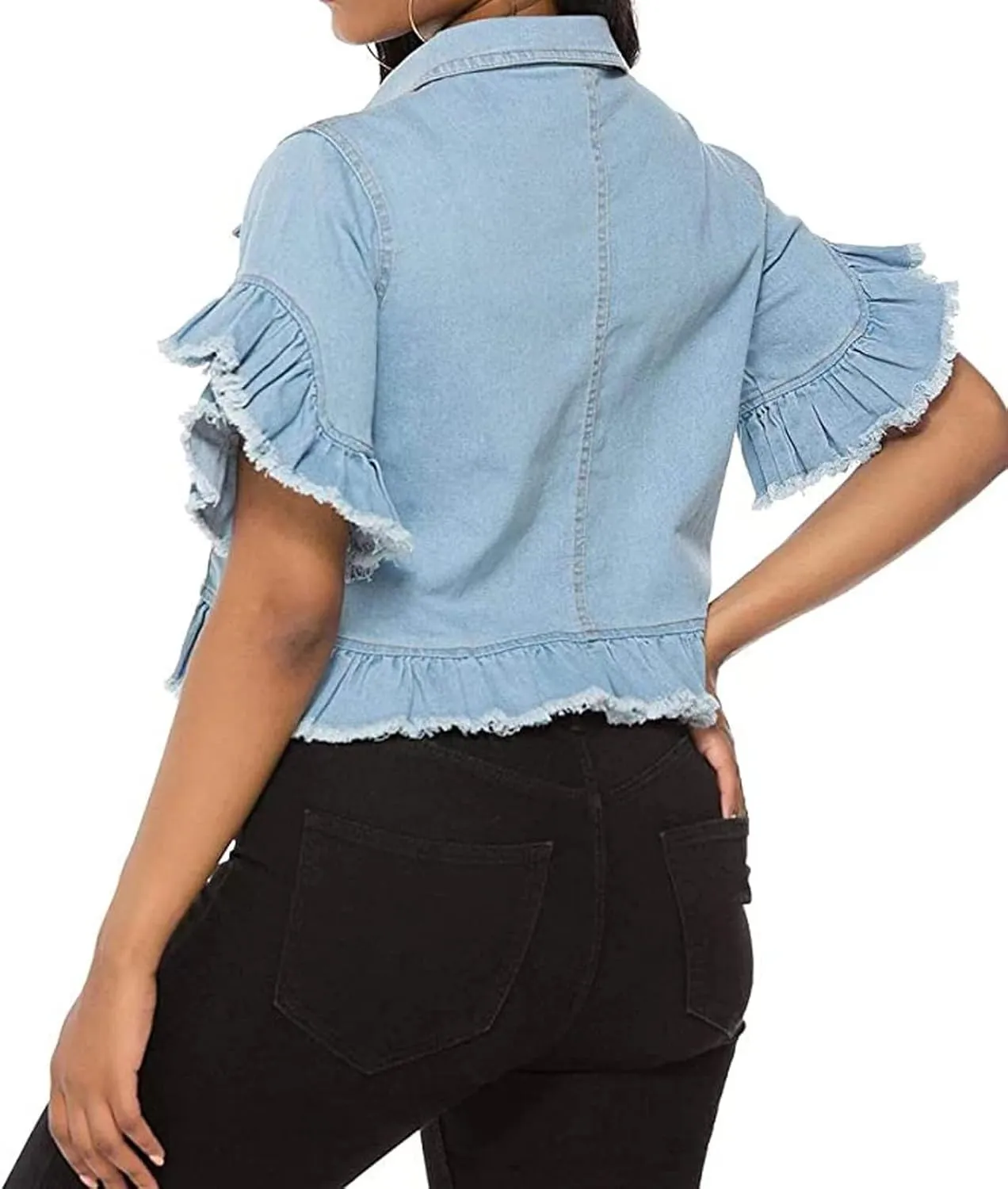 vunahzma Women's Denim Jacket Button Down Distressed Ruffle Sleeve Crop Jean Jackets Coat