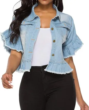vunahzma Women's Denim Jacket Button Down Distressed Ruffle Sleeve Crop Jean Jackets Coat