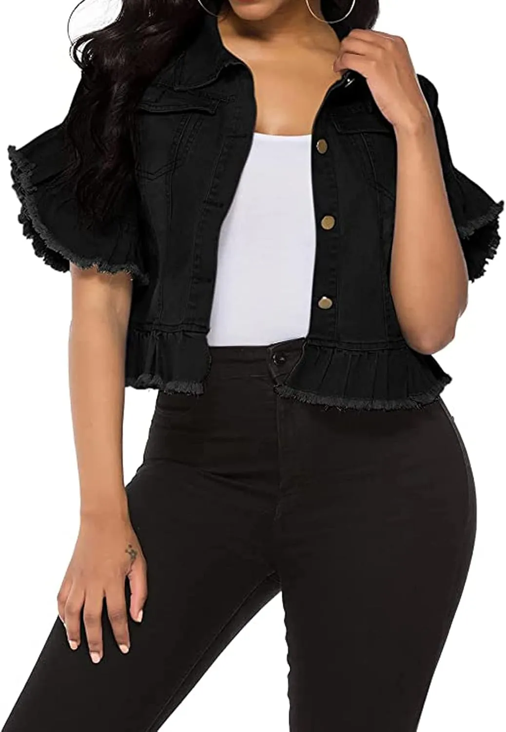 vunahzma Women's Denim Jacket Button Down Distressed Ruffle Sleeve Crop Jean Jackets Coat