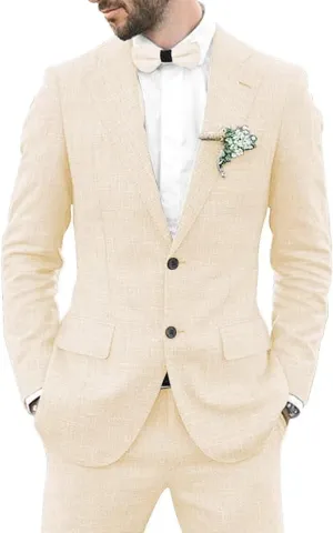 Wangyue Mens Linen Suit 2 Piece Slim Fit Linen Suit for Men Summer Wedding Suit Groom Prom Tuxedo Suit