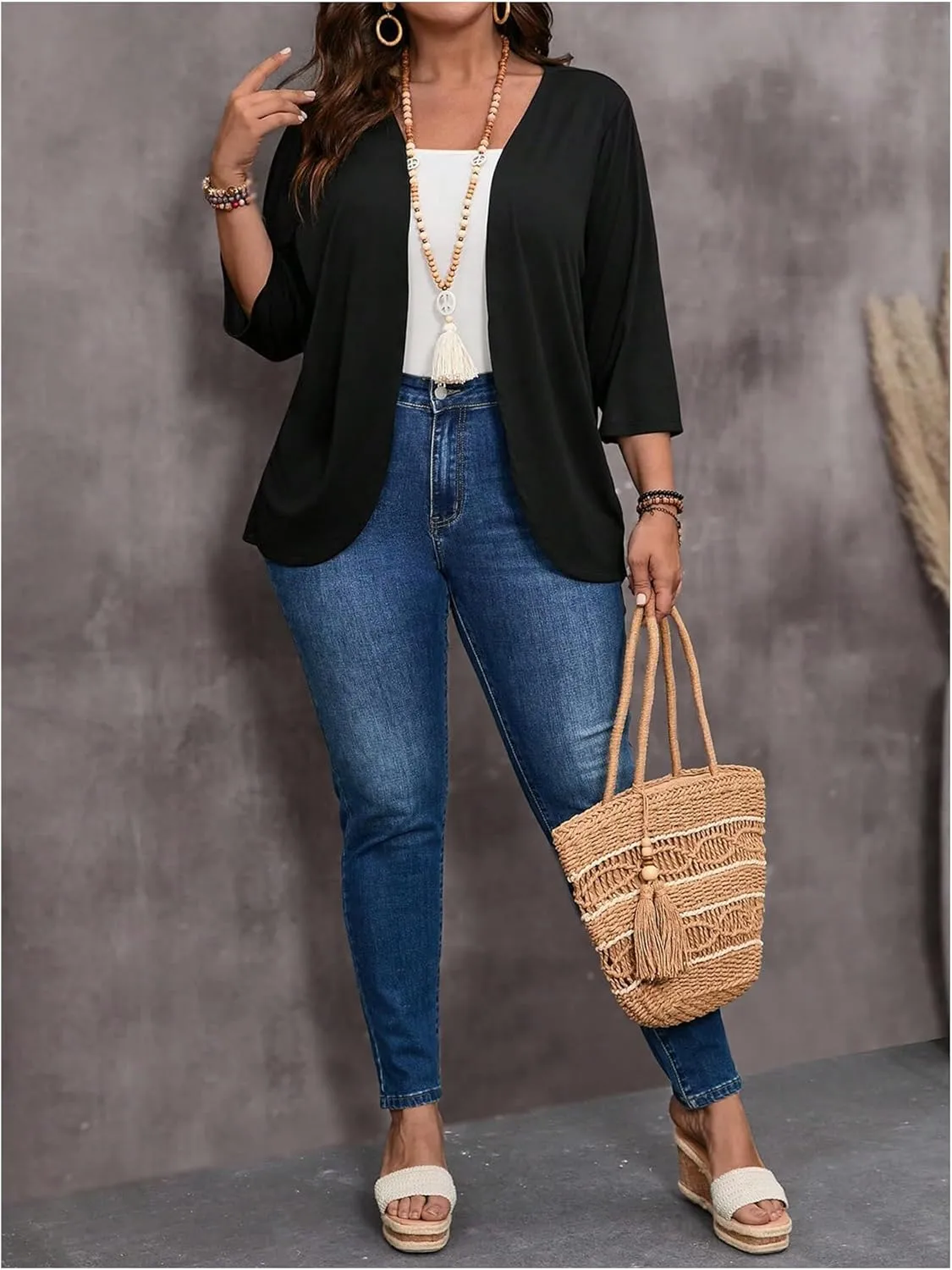 WDIRARA Women's Plus Size Open Front 3/4 Sleeve Cardigans Casual Outerwear Jacket
