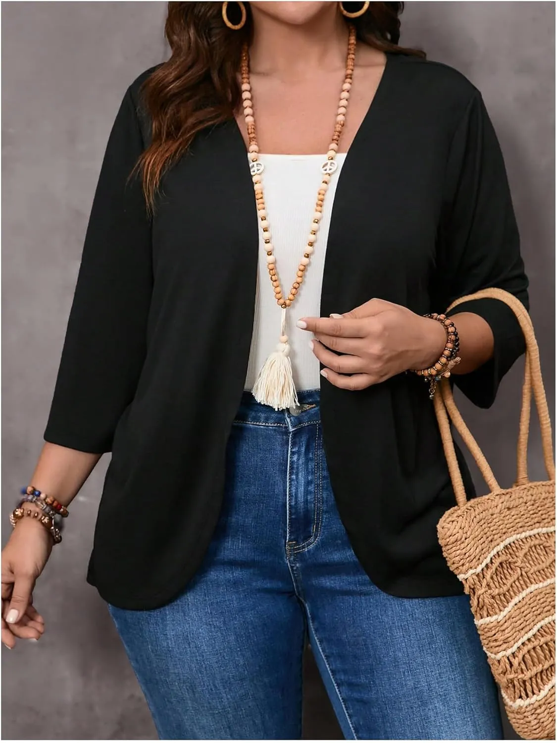 WDIRARA Women's Plus Size Open Front 3/4 Sleeve Cardigans Casual Outerwear Jacket