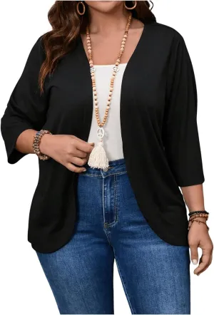 WDIRARA Women's Plus Size Open Front 3/4 Sleeve Cardigans Casual Outerwear Jacket