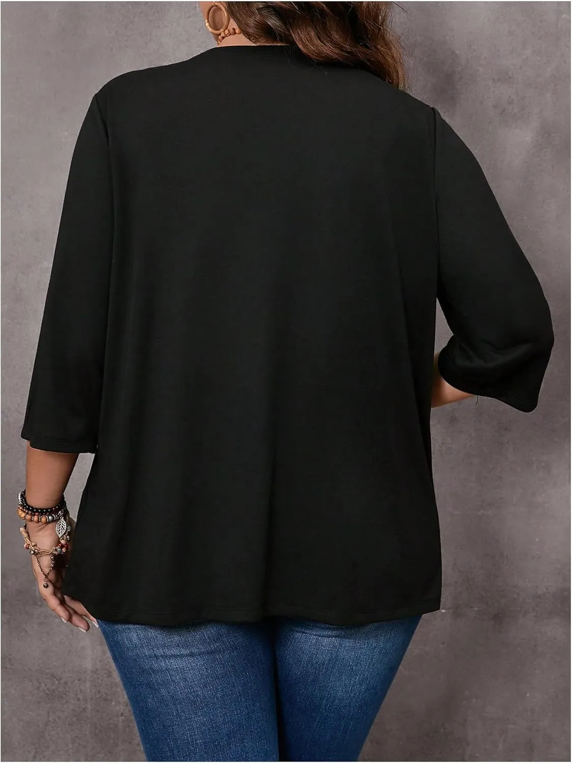 WDIRARA Women's Plus Size Open Front 3/4 Sleeve Cardigans Casual Outerwear Jacket