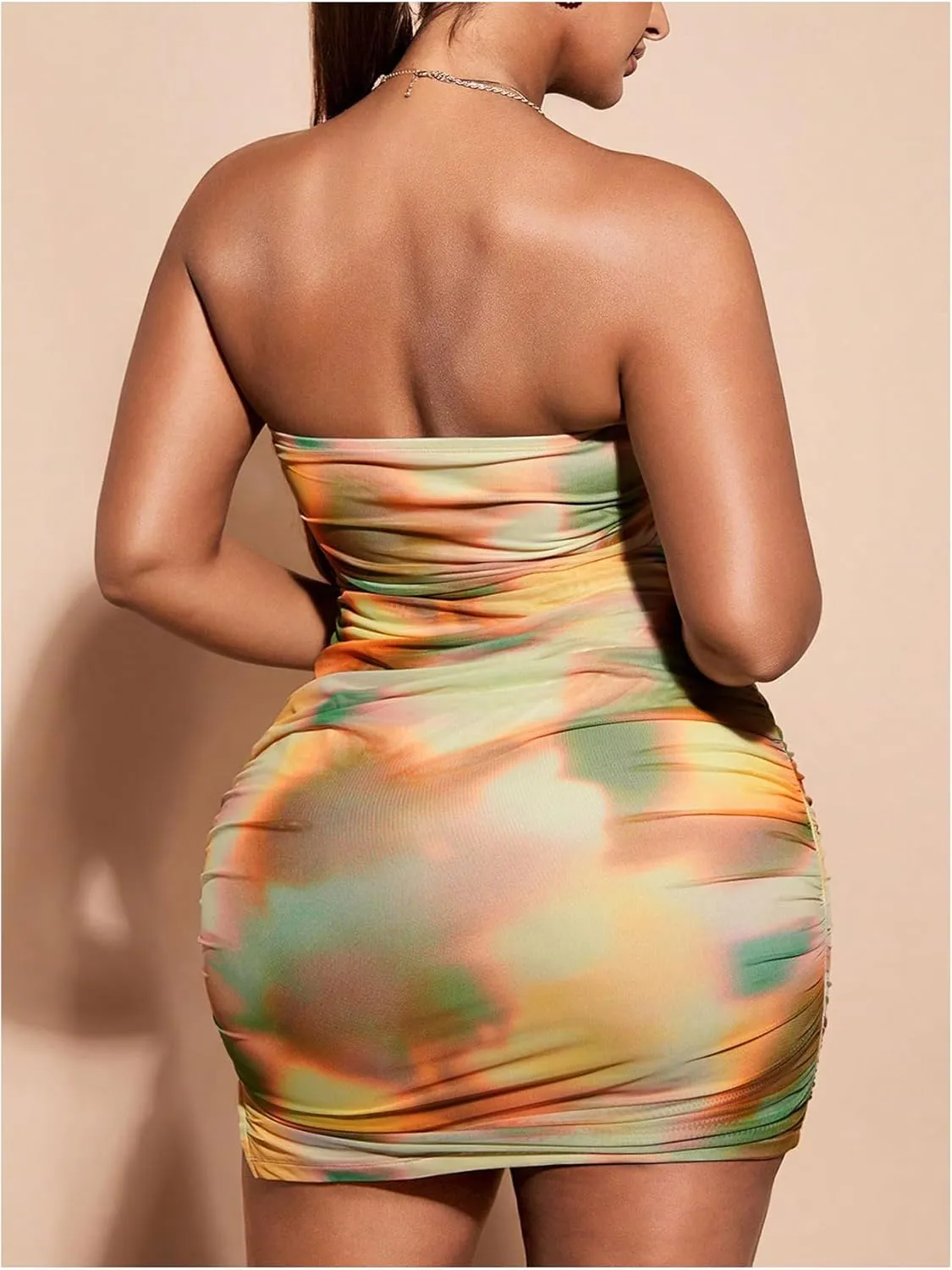 WDIRARA Women's Plus Size Strapless Mini Dress Tie Dye Ruched Bodycon Bandeau Tube Dresses