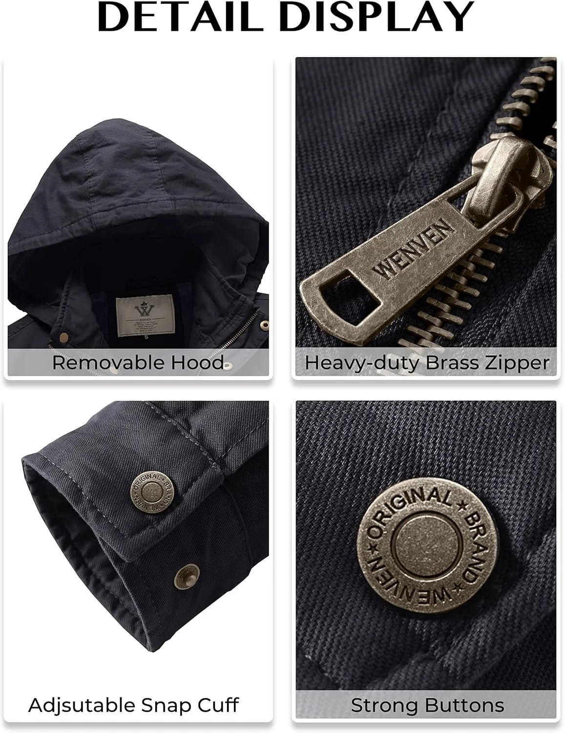 WenVen Men's Casual Canvas Cotton Jacket Hooded Military Utility Jacket
