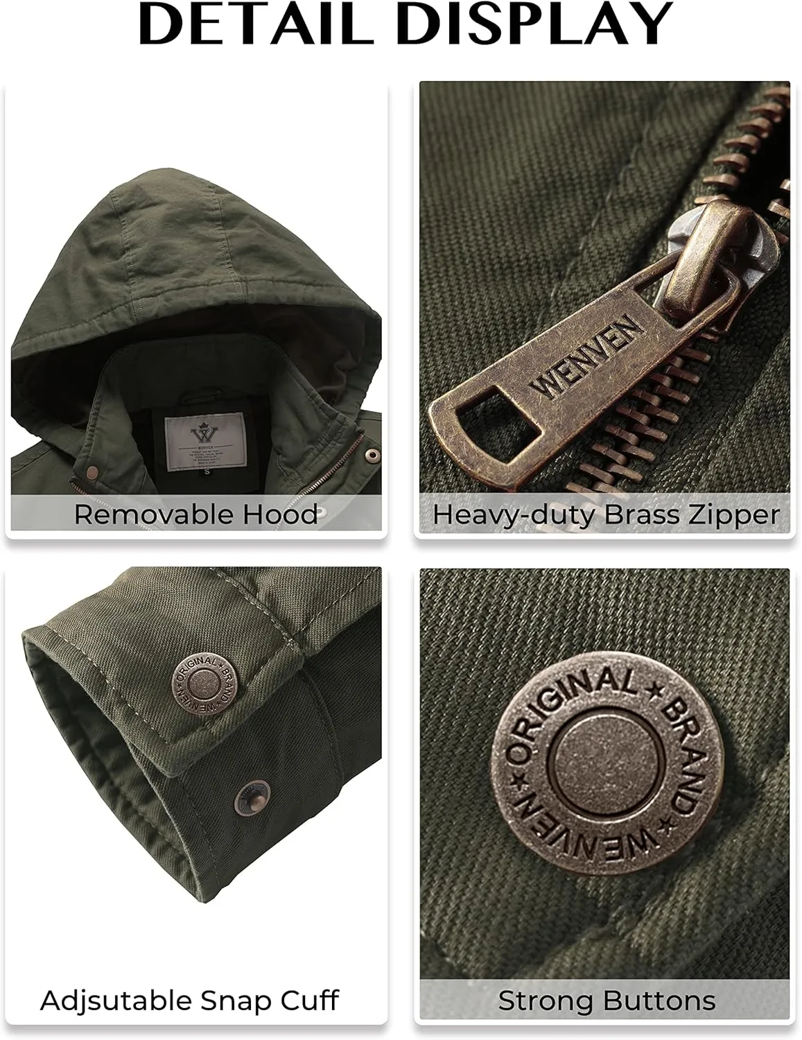 WenVen Men's Casual Canvas Cotton Jacket Hooded Military Utility Jacket