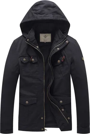 WenVen Men's Casual Canvas Cotton Jacket Hooded Military Utility Jacket