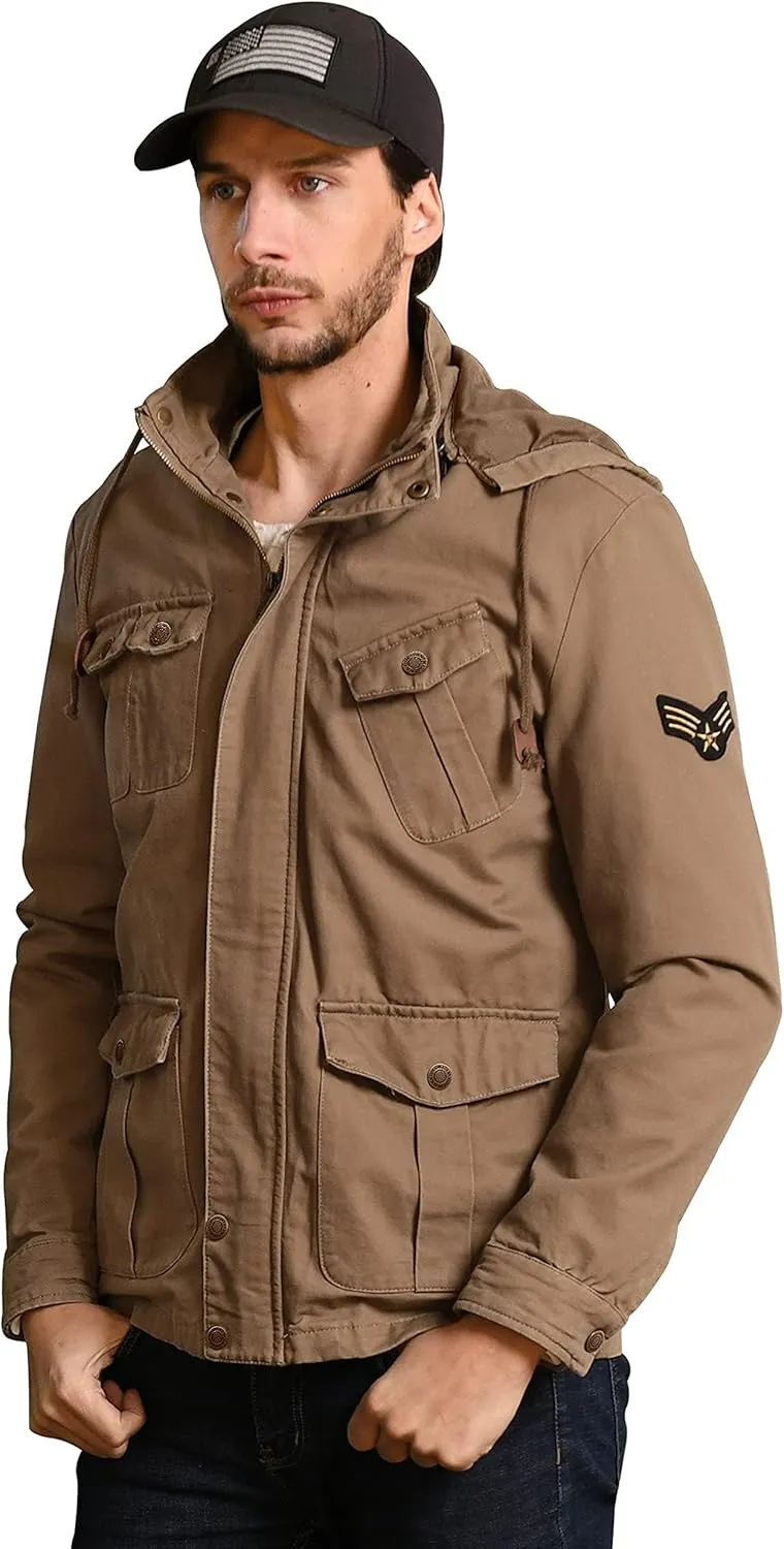 WenVen Men's Casual Canvas Cotton Jacket Hooded Military Utility Jacket