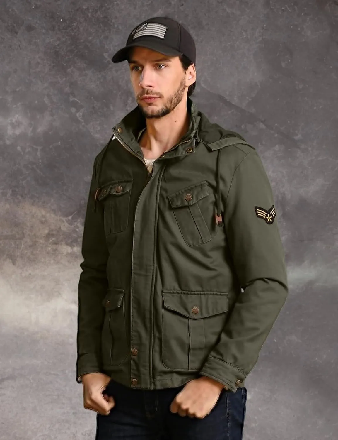 WenVen Men's Casual Canvas Cotton Jacket Hooded Military Utility Jacket