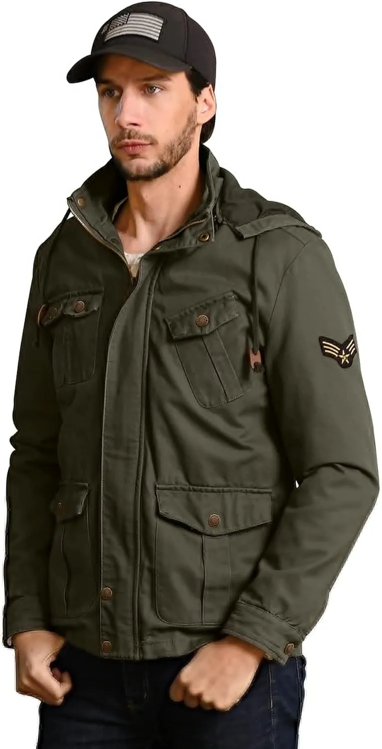 WenVen Men's Casual Canvas Cotton Jacket Hooded Military Utility Jacket