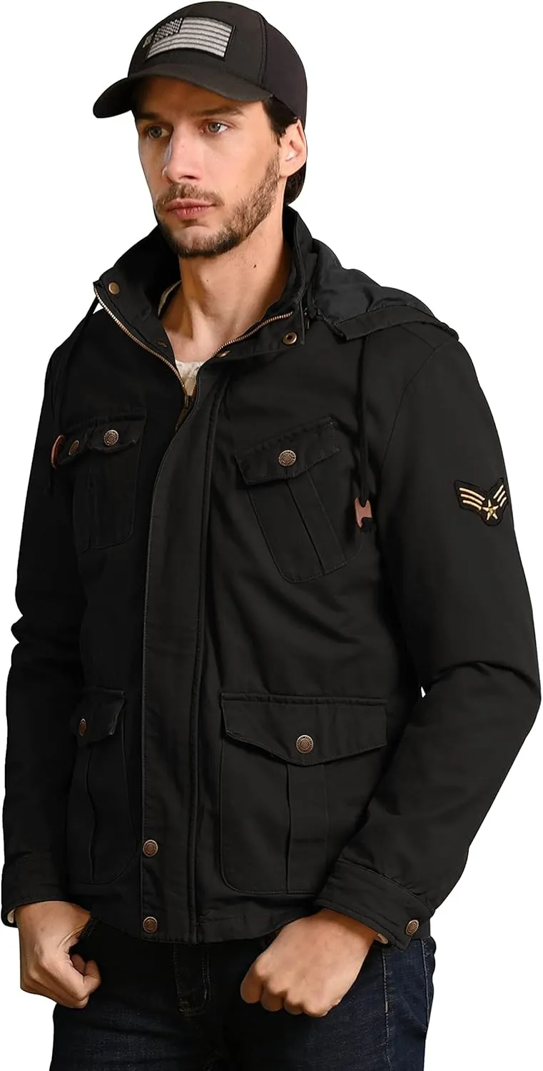 WenVen Men's Casual Canvas Cotton Jacket Hooded Military Utility Jacket