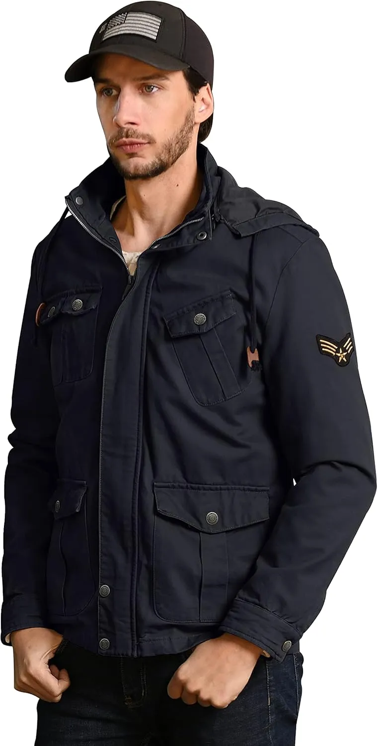 WenVen Men's Casual Canvas Cotton Jacket Hooded Military Utility Jacket