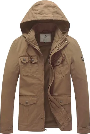 WenVen Men's Casual Canvas Cotton Jacket Hooded Military Utility Jacket