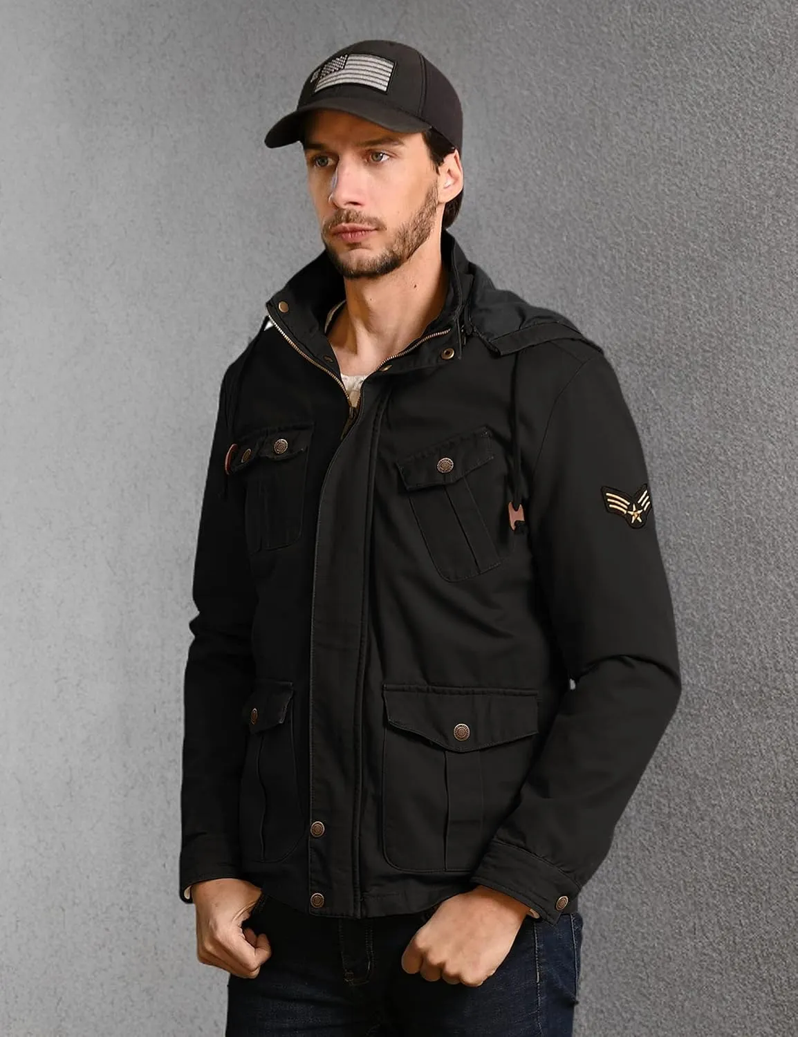 WenVen Men's Casual Canvas Cotton Jacket Hooded Military Utility Jacket