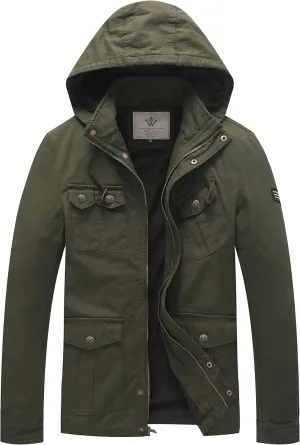 WenVen Men's Casual Canvas Cotton Jacket Hooded Military Utility Jacket
