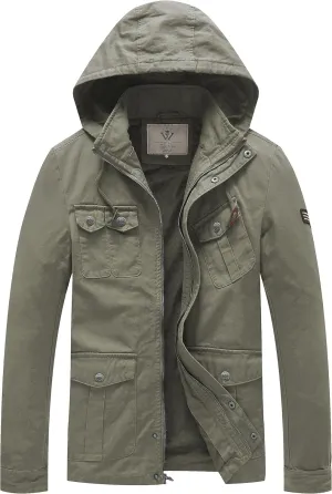 WenVen Men's Casual Canvas Cotton Jacket Hooded Military Utility Jacket