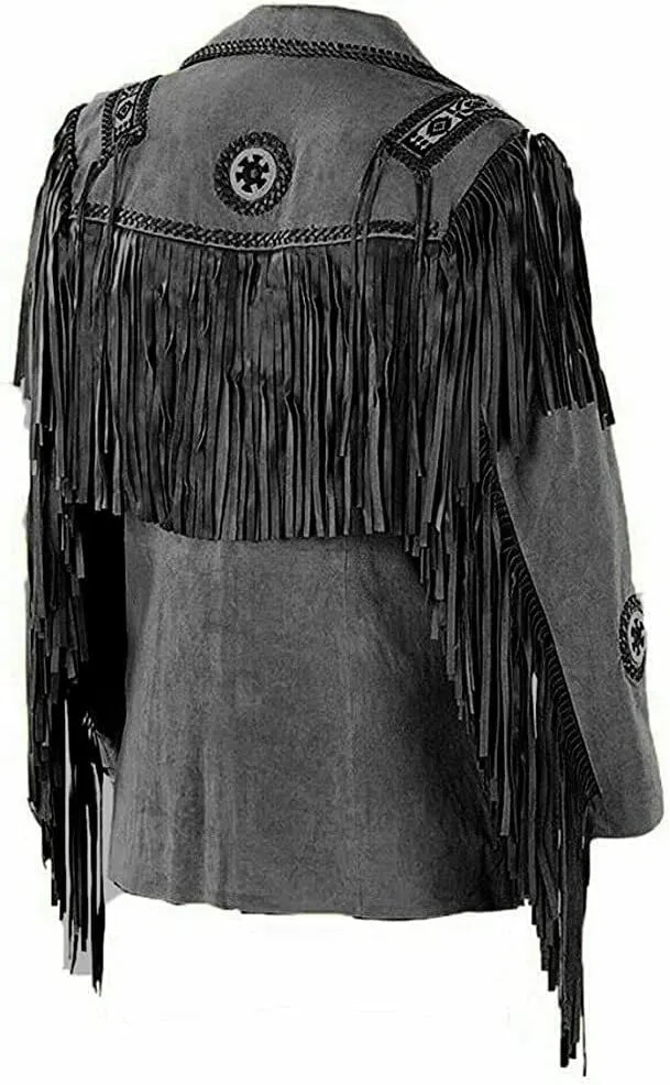 Western Cowboy Leather Fashion Jacket For Mens Fringe & Beaded Native American Coat