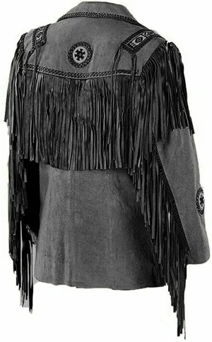 Western Cowboy Leather Fashion Jacket For Mens Fringe & Beaded Native American Coat