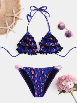 Wholesale Blue Strapless Deep V Neck Floral Print Wireless Ruffle Hem Bikinis