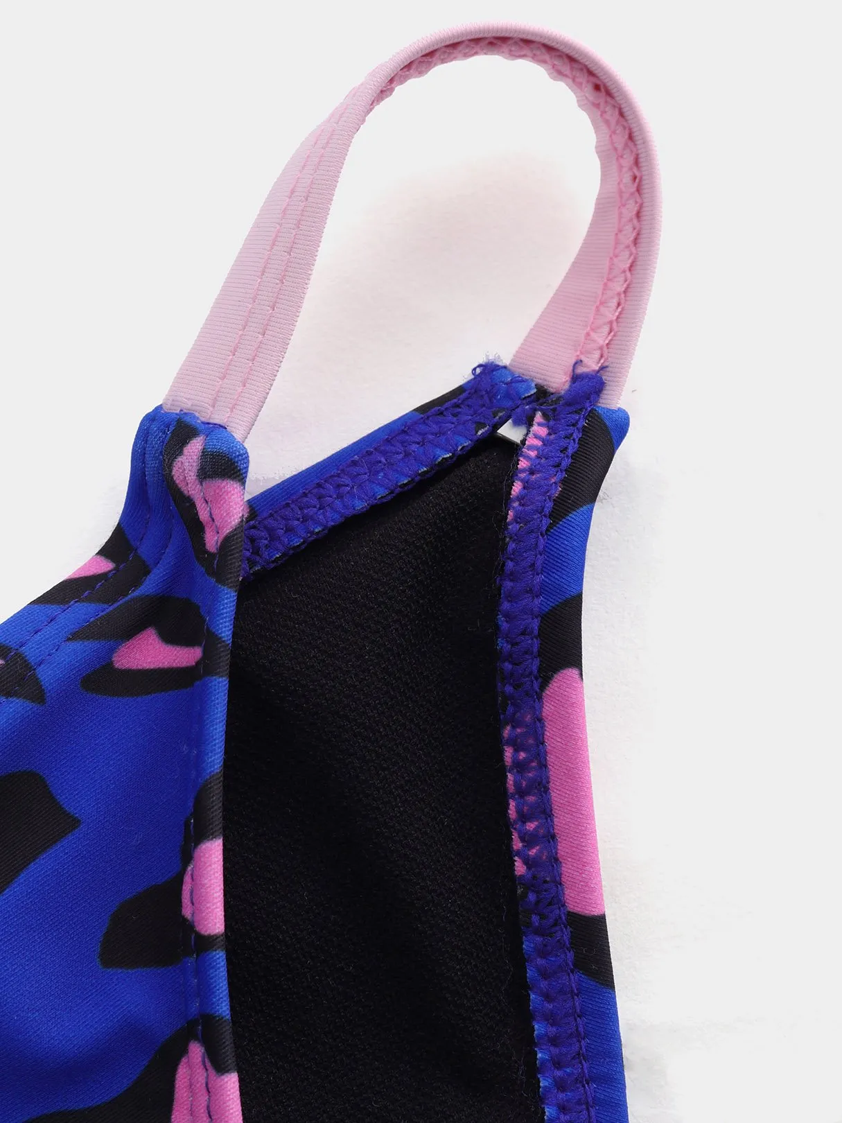 Wholesale Blue Strapless Deep V Neck Floral Print Wireless Ruffle Hem Bikinis