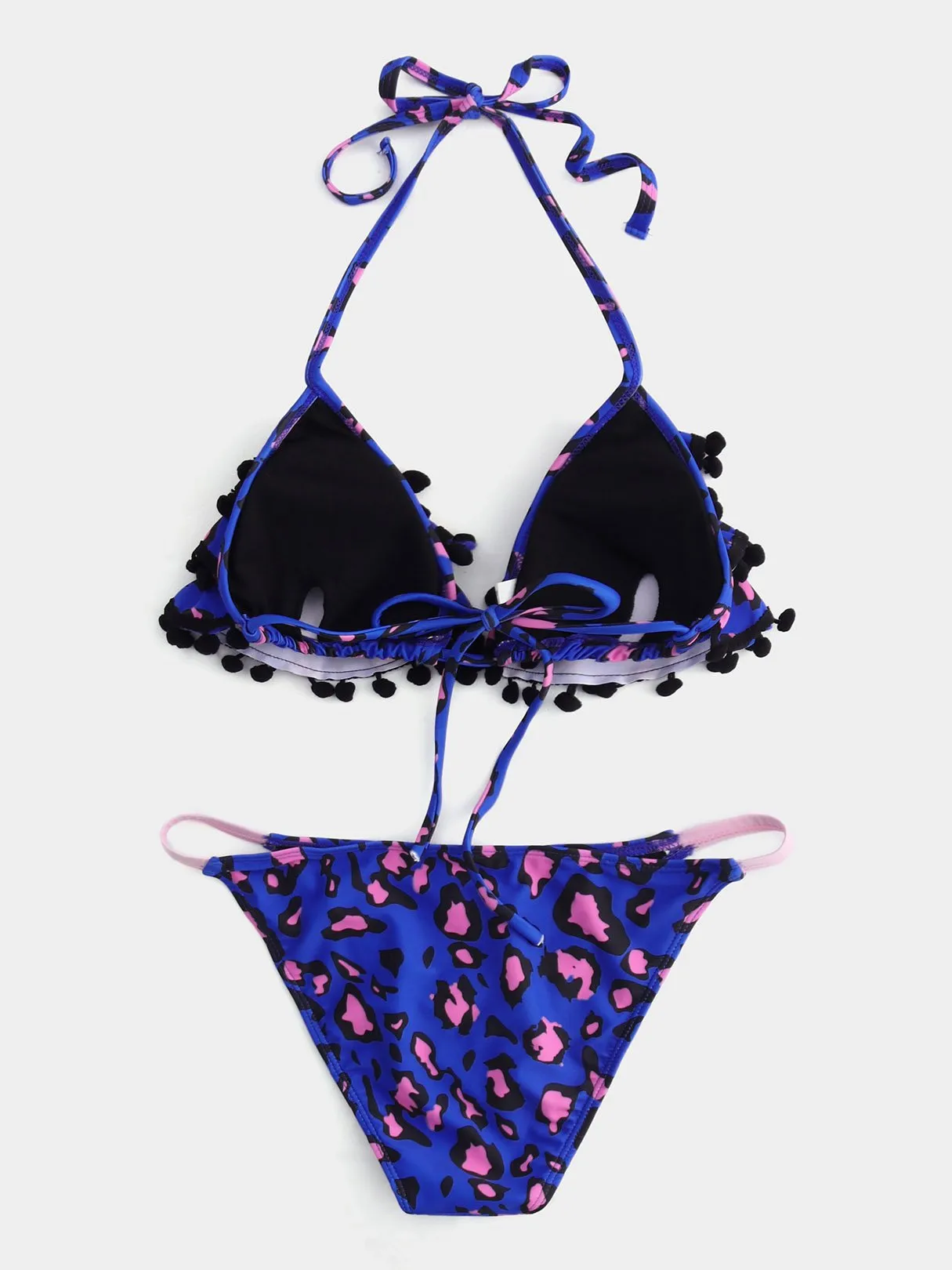 Wholesale Blue Strapless Deep V Neck Floral Print Wireless Ruffle Hem Bikinis