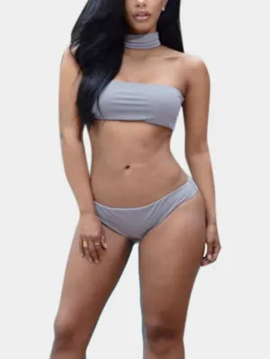 Wholesale Grey Tube Top Strapless Sleeveless Backless Bodycon Two Piece Bikinis