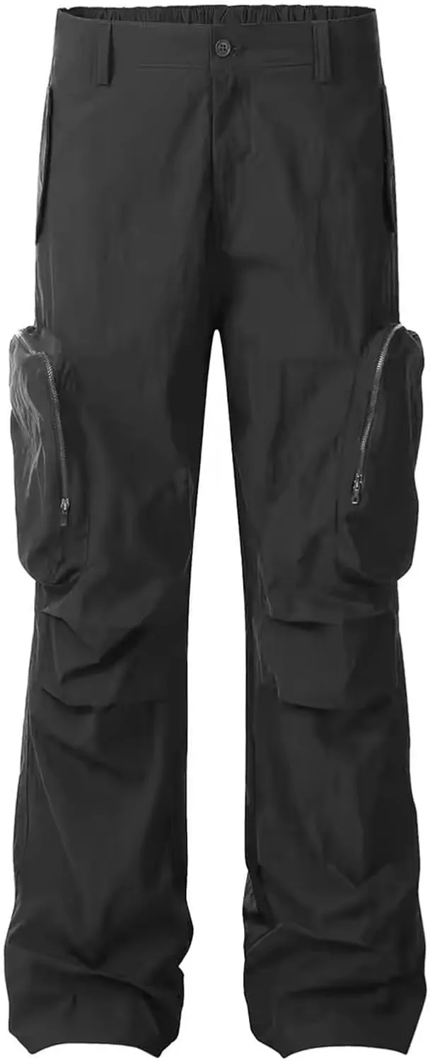 Wide Leg Cargo Pants for Men with Zipper Pockets Stretch Casual Relaxed Fit Pants Lightweight Baggy Streetwear Sweatpants