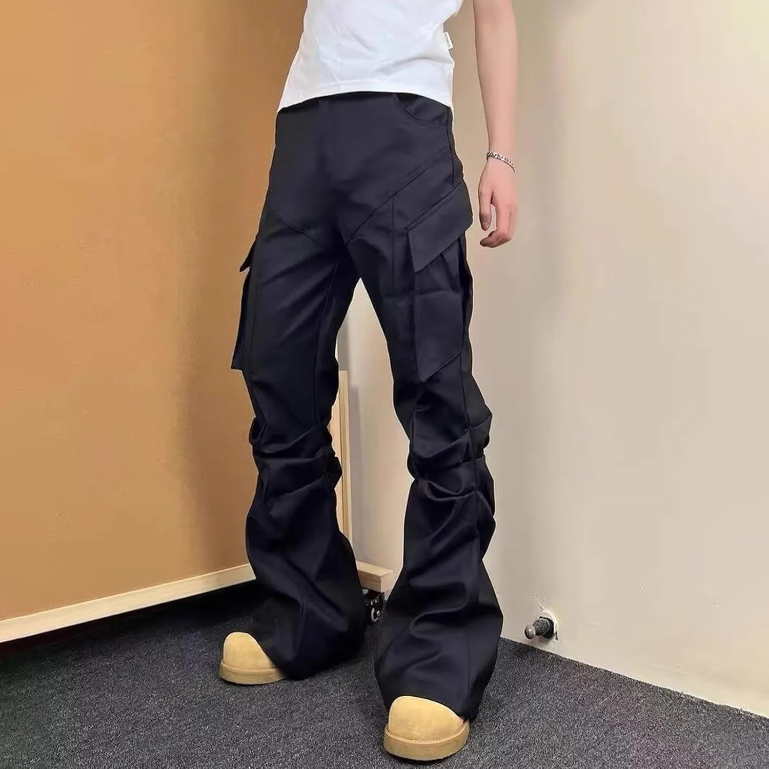 Wide Leg Cargo Pants for Men with Zipper Pockets Stretch Casual Relaxed Fit Pants Lightweight Baggy Streetwear Sweatpants