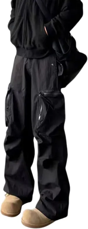 Wide Leg Cargo Pants for Men with Zipper Pockets Stretch Casual Relaxed Fit Pants Lightweight Baggy Streetwear Sweatpants