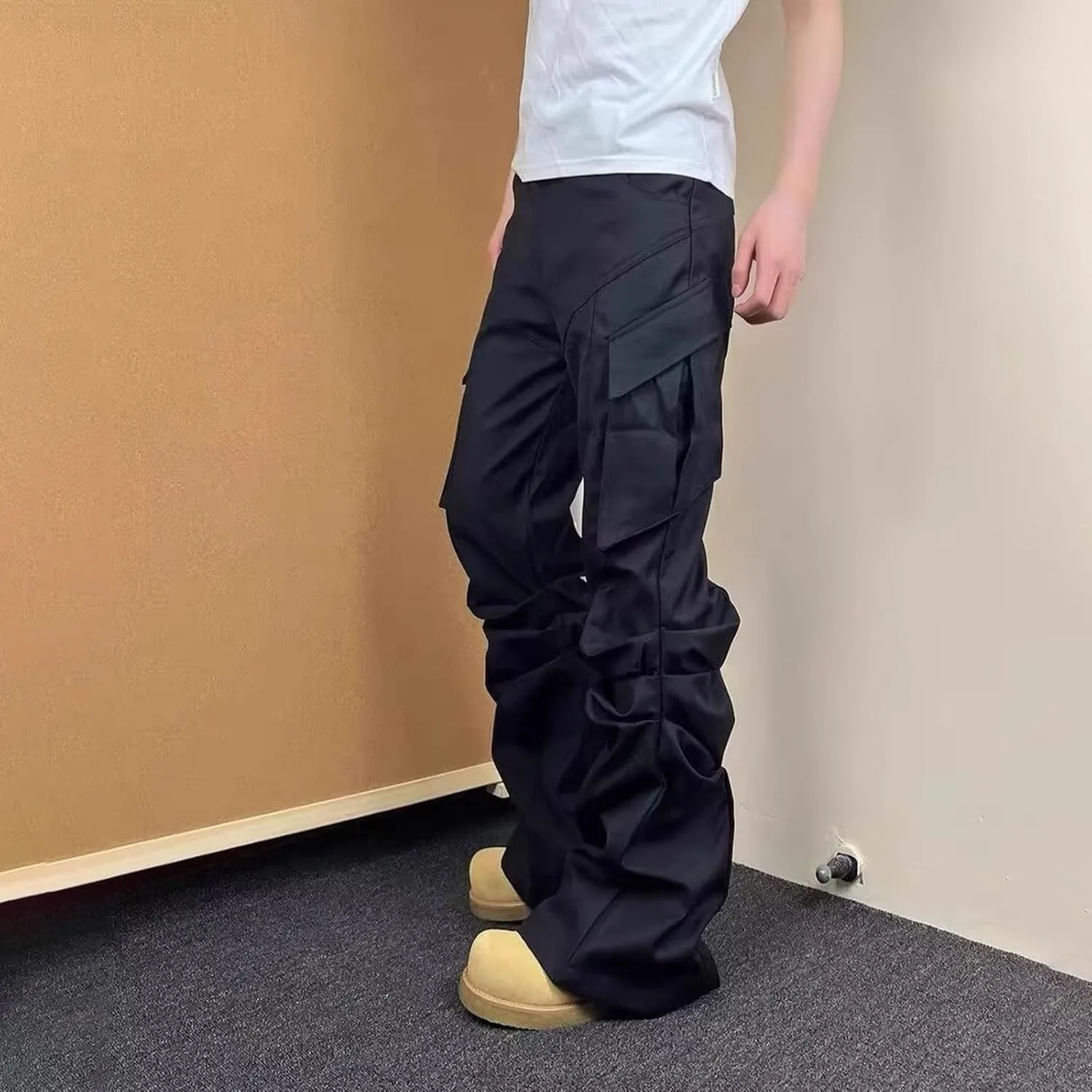 Wide Leg Cargo Pants for Men with Zipper Pockets Stretch Casual Relaxed Fit Pants Lightweight Baggy Streetwear Sweatpants