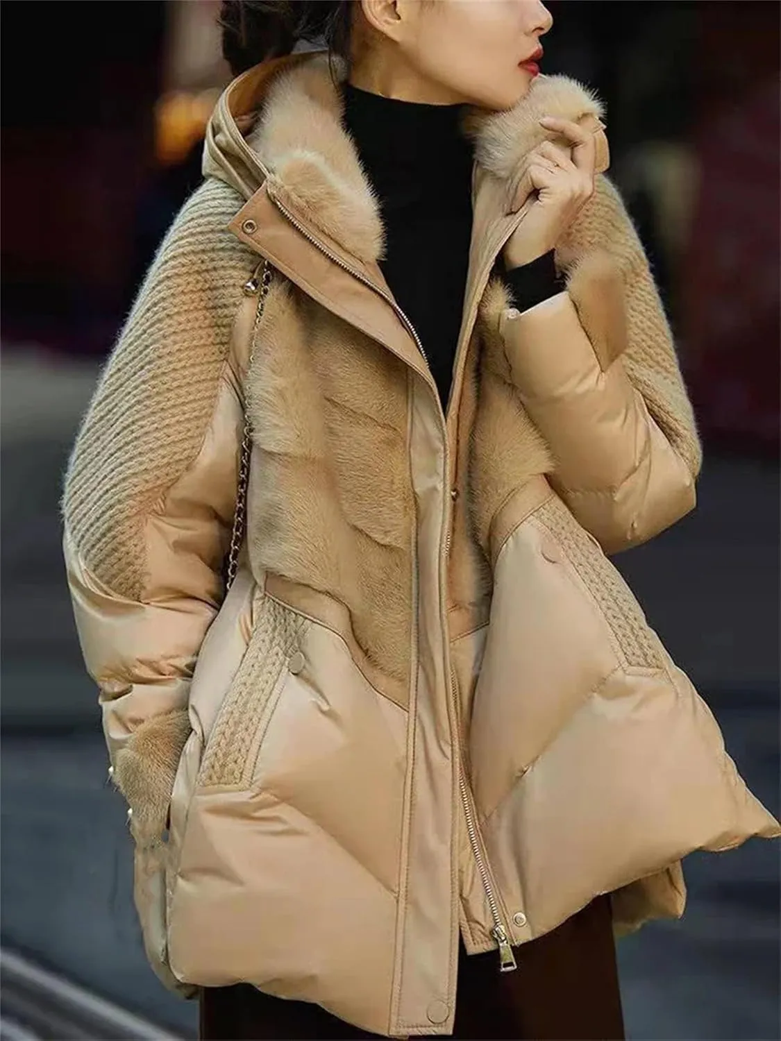 Winter Hooded Female Loose Down Jacket Women 2024 Knitting Patchwork Warm Coat Women Cotton Padded Jacket Outerwear