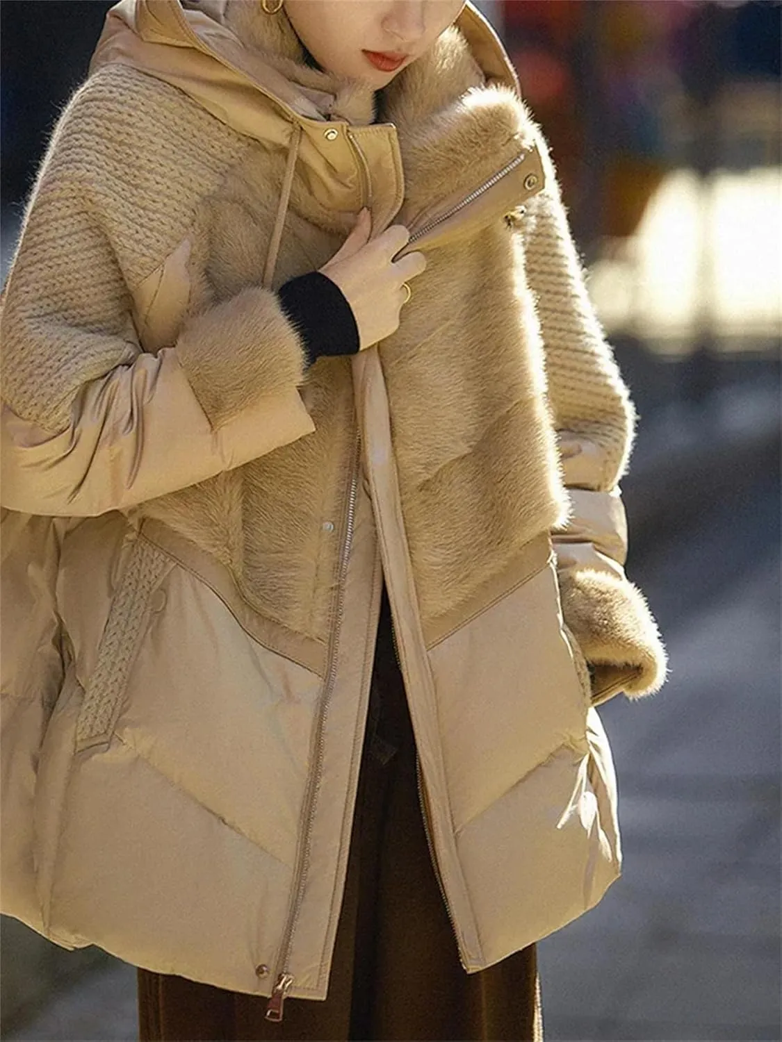 Winter Hooded Female Loose Down Jacket Women 2024 Knitting Patchwork Warm Coat Women Cotton Padded Jacket Outerwear