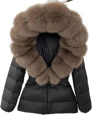 Winter Jacket Women Natural Real Raccoon Fox Fur Hooded White Duck Down Coat Belt Thick Warm Casual Outerwear