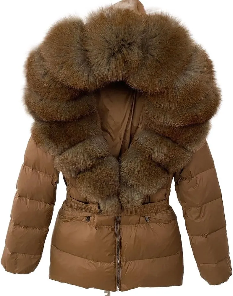 Winter Jacket Women Natural Real Raccoon Fox Fur Hooded White Duck Down Coat Belt Thick Warm Casual Outerwear