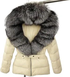 Winter Jacket Women Natural Real Raccoon Fox Fur Hooded White Duck Down Coat Belt Thick Warm Casual Outerwear